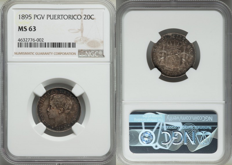 Spanish Colony. Alfonso XIII 20 Centavos 1895-PGV MS63 NGC, KM22. A problem-free...