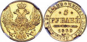 Nicholas I gold 5 Roubles 1839 CПБ-AЧ MS62 NGC, St. Petersburg mint, KM-C175.1, Bit-16. Obv. Crowned double-headed eagle with orb and scepter. Date an...