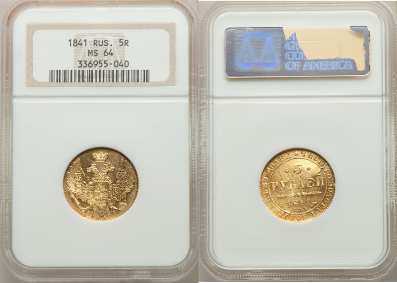 Nicholas I gold 5 Roubles 1841 CПБ-AЧ MS64 NGC, St. Petersburg mint, KM-C175.1, ...