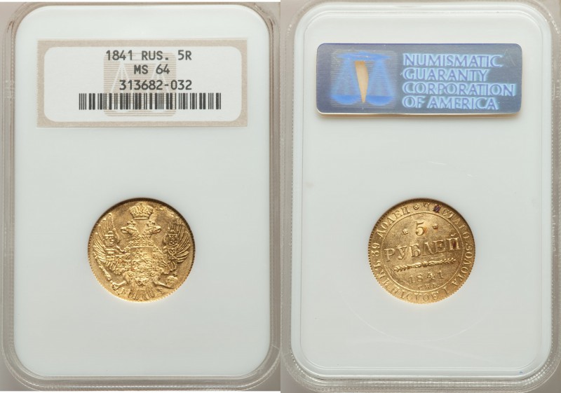 Nicholas I gold 5 Roubles 1841 CПБ-AЧ MS64 NGC, St. Petersburg mint, KM-C175.1, ...