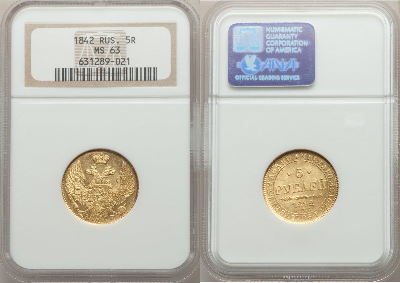 Nicholas I gold 5 Roubles 1842 CПБ-AЧ MS63 NGC, St. Petersburg mint, KM-C175.1, ...