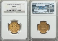 Nicholas I gold 5 Roubles 1844 CПБ-КБ MS61 NGC, St. Petersburg mint, KM-C175.1, Bit-25. Eagle of 1845 type. Greenish-gold luster with sharp details an...