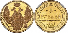 Nicholas I gold 5 Roubles 1846 CПБ-AГ MS61 NGC, St. Petersburg mint, KM-C175.3, Bit-27. Eagle of 1845 type. Obv. Crowned double-headed eagle with orb ...