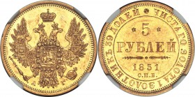 Nicholas I gold 5 Roubles 1851 CПБ-AГ AU58 NGC, St. Petersburg mint, KM-C175.3, Bit-34. A luxurious striking that in many respects approaches Mint Sta...
