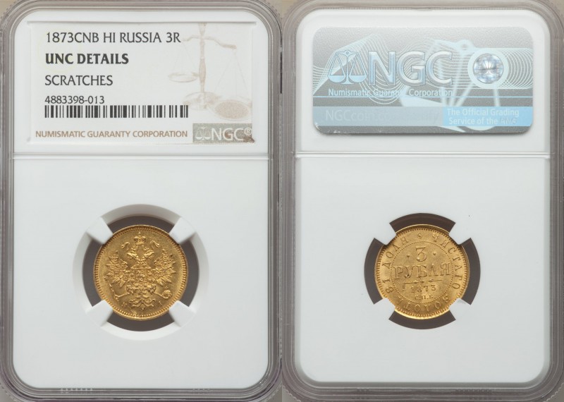 Alexander II gold 3 Roubles 1873 CПБ-HI UNC Details (Scratches) NGC, St. Petersb...