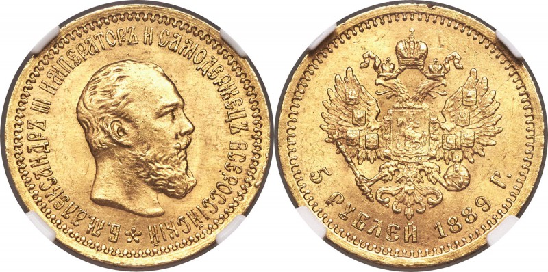 Alexander III gold 5 Roubles 1889-AГ MS64 NGC, St. Petersburg mint, KM-Y42, Bit-...