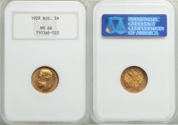 Nicholas II gold 5 Roubles 1909-ЭБ MS66 NGC, St. Petersburg mint, KM-Y62, Bit-34 (R). Well struck with bright golden luster and surfaces displaying on...