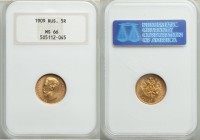 Nicholas II gold 5 Roubles 1909-ЭБ MS66 NGC, St. Petersburg mint, KM-Y62, Bit-34 (R). Gleaming golden luster with only a few minuscule marks.

HID0980...