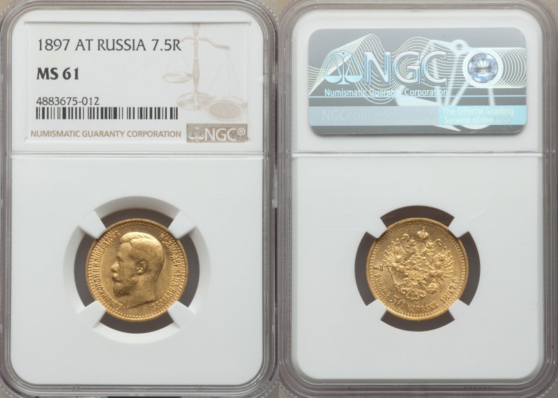 Nicholas II gold 7 Roubles 50 Kopecks 1897-AГ MS61 NGC, St. Petersburg mint, KM-...