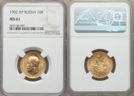 Nicholas II gold 10 Roubles 1902-AP MS61 NGC, St. Petersburg mint, KM-Y64, Bit-10. Well struck with full brilliance and light imperfections..

HID0980...