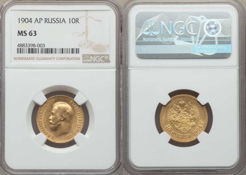 Nicholas II gold 10 Roubles 1904-AP MS63 NGC, St. Petersburg mint, KM-Y64 Bit-12...