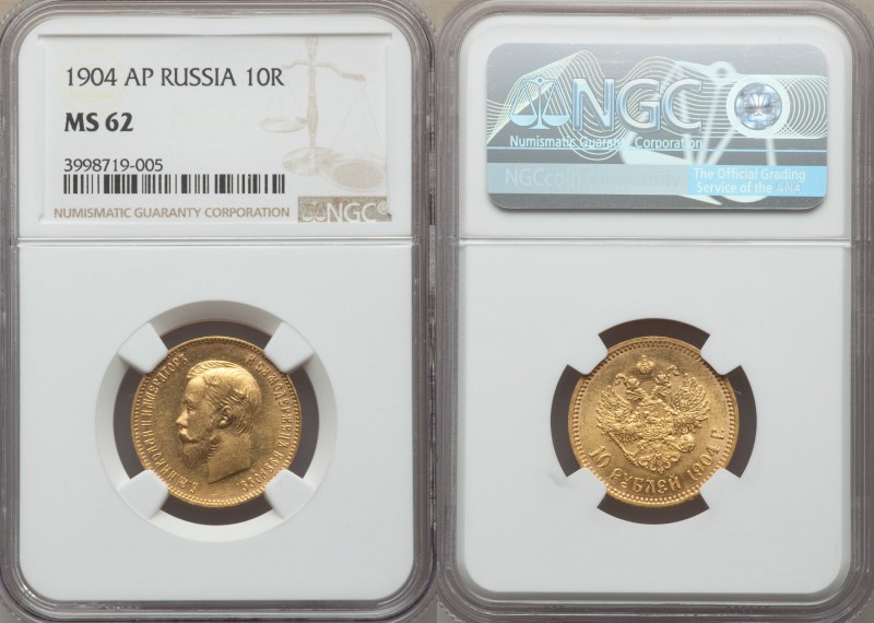 Nicholas II gold 10 Roubles 1904-AP MS62 NGC, St. Petersburg mint, KM-Y64, Bit-1...