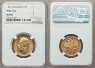 Nicholas II gold "Wide Rim" 15 Roubles 1897-AГ MS60 NGC, St. Petersburg mint, KM-Y65.1, Bit-1. Sharply detailed with full brilliant mint luster and on...