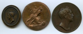 3-Piece Lot of copper Uniface Medal Shells, 1) Obverse of Diakov-536.1, prize medal for scientists - Choice UNC 2) Oval obverse with bust of Empress A...