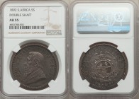 Republic "Double Shaft" 5 Shillings 1892 AU55 NGC, Berlin mint, KM8.2, Hern-Z36. A thoroughly pleasing selection for its aesthetic appeal and technica...