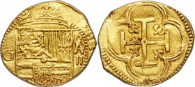 Philip II (1556-1598) gold Cob 2 Escudos ND G-A AU (clipped), Grenada mint, Cay-4088. A reasonably well struck example with good detail, underlying lu...