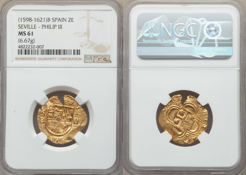 Philip III (1598-1621) gold Cob 2 Escudos ND S-B MS61 NGC, Seville mint, KM48.3....