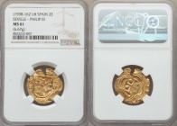 Philip III (1598-1621) gold Cob 2 Escudos ND S-B MS61 NGC, Seville mint, KM48.3. 6.67gm. Brightly lustrous and charming for the type. A large flan cra...