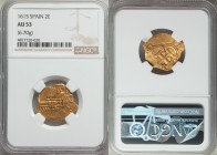 Philip III (1598-1621) gold Cob 2 Escudos 1615 AU53 NGC, KM64.1. Assayer and mintmark not visible. Struck on an irregular flan, with the date fortunat...