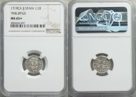Philip V 1/2 Real 1719 CA-JJ MS65+ NGC, Cuenca mint, KM311. "Philippus" type. The highest certified example by NGC, and seemingly undergraded. Its sur...