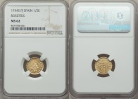 Philip V gold 1/2 Escudo 1744 S-PJ MS62 NGC, Seville mint, KM361.2. Rosettes in legend. A highly attractive, prooflike specimen with reflective fields...