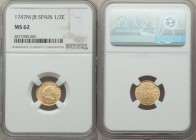Ferdinand VI gold 1/2 Escudo 1747 M-JB MS62 NGC, Madrid mint, KM372. Very sharp for this small-size gold fraction with bold luminosity to the surfaces...