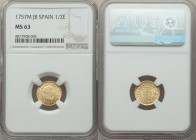 Ferdinand VI gold 1/2 Escudo 1757 M-JB MS63 NGC, Madrid mint, KM378. Surely as-struck, the benefit of these minor denominations being that their compa...