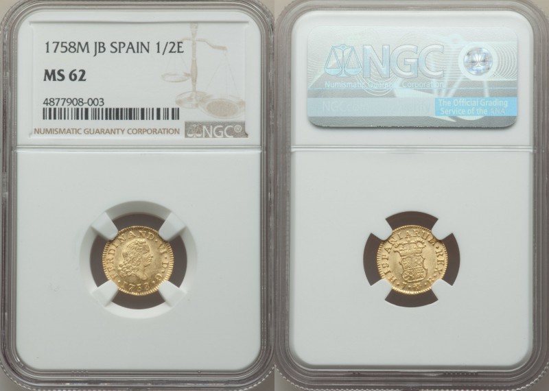 Ferdinand VI gold 1/2 Escudo 1758 M-JB MS62 NGC, Madrid mint, KM378. No stars in...