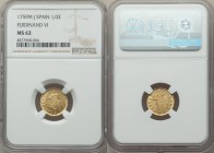 Ferdinand VI gold 1/2 Escudo 1759 M-J MS62 NGC, Madrid mint, KM378. The final year of Ferdinand's reign, premium for the grade with abundant luster.

...