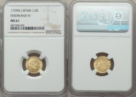 Ferdinand VI gold 1/2 Escudo 1759 M-J MS61 NGC, Madrid mint, KM378. Slightly creased flan but clearly as-struck, pristine details of razor-sharpness.
...