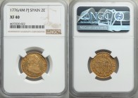 Charles III gold 2 Escudos 1776/4 M-PJ XF40 NGC, Madrid mint, KM417.1. An evenly circulated overdate type with wear to the highpoints, the more shallo...