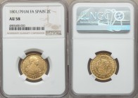 Charles IV gold 2 Escudos 1801/791 M-FA AU58 NGC, Madrid mint, KM435.1. Well-crafted and showcasing a fine portrait of Charles IV with generally excep...