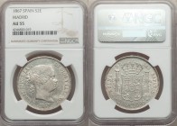 Isabel II silver 2 Escudos 1867 AU55 NGC, KM629. Featuring Isabel's 'mature bust' seen only for four years, an appealing Almost Uncirculated specimen....