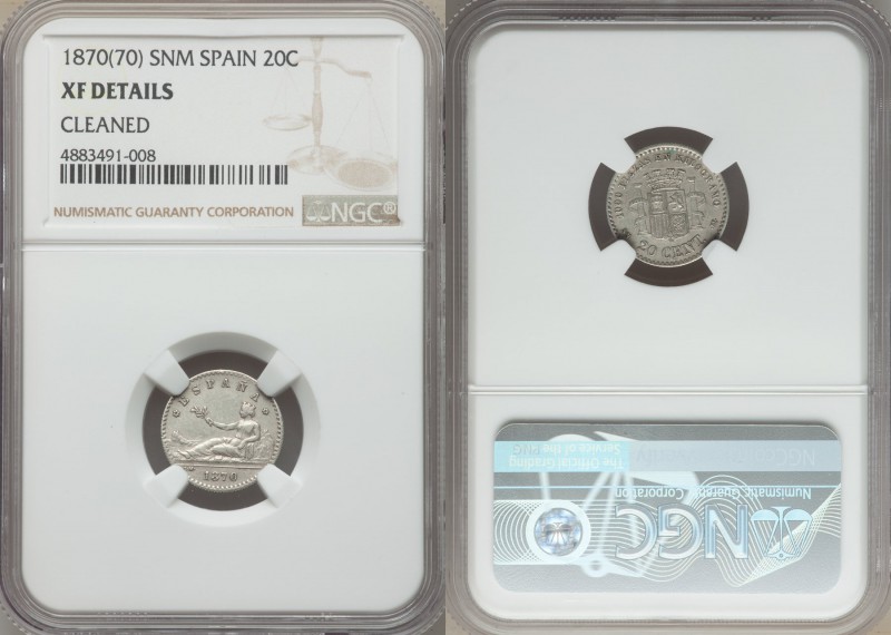 Provisional Government 20 Centimos 1870 (70) SN-M XF Details (Cleaned) NGC, KM65...