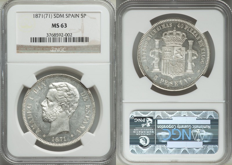 Amadeo I 5 Pesetas 1871 (71) SD-M MS63 NGC, Madrid mint (6-pointed star), KM666....