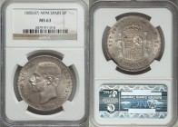 Alfonso XII 5 Pesetas 1885 (87) MS-M MS63 NGC, Madrid mint, (6-Pointed Star mm), KM688. Fully choice and exhibiting a delicate silver patina that seem...