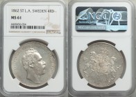 Carl XV Adolf Riksdaler Specie 1862 ST-L.A. MS61 NGC, KM711. Large and small edge lettering. Strong underlying luster and attractive silver color with...