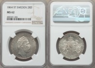 Carl XV Adolf 2 Riksdaler 1864-ST MS62 NGC, KM714. A lovely example having icy-blue silvery toned with sharp details and bold luster. From the Engelen...