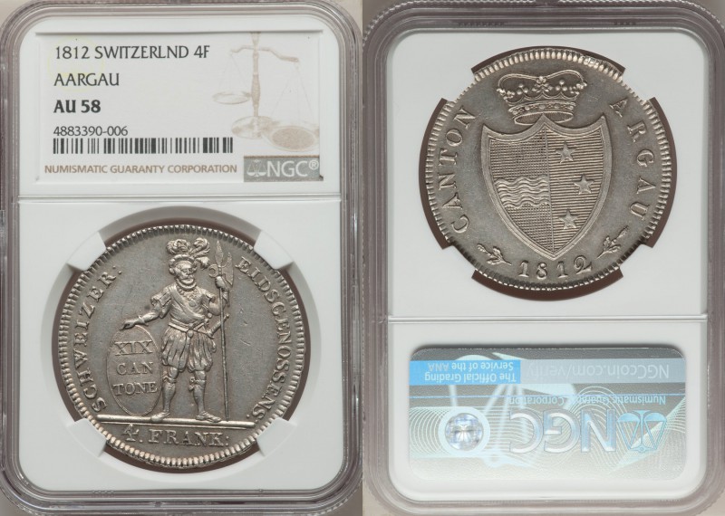 Aargau. Canton 4 Frank 1812 AU58 NGC, KM20, Dav-361. Well-rendered and lightly t...