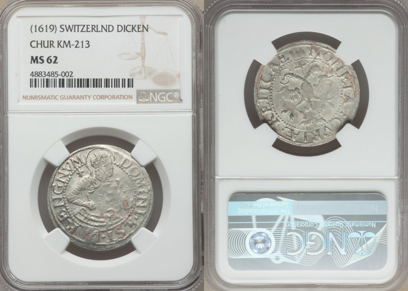 Chur. Canton Dicken 1619 MS62 NGC, KM213. Weakly-struck but with much remaining ...