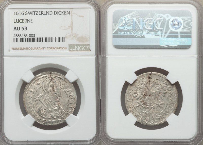 Lucerne. Canton Dicken 1616 AU53 NGC, KM18. A striking crack runs down from the ...