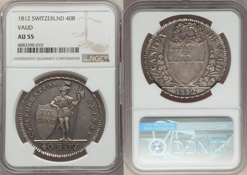 Vaud. Canton 40 Batzen 1812 AU55 NGC, KM17. A fine example of this great type, e...