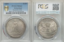 Confederation "Zurich Shooting Festival" 5 Francs 1859 MS64 PCGS, Bern mint, KMX-S5, Häb-7. Mintage of 6,000 pieces. Medium silvery-gray toning with f...