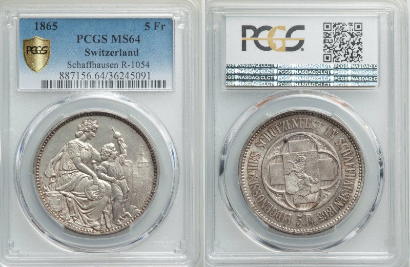 Confederation "Schaffhausen Shooting Festival" 5 Francs 1865 MS64 PCGS, KMX-S8. ...