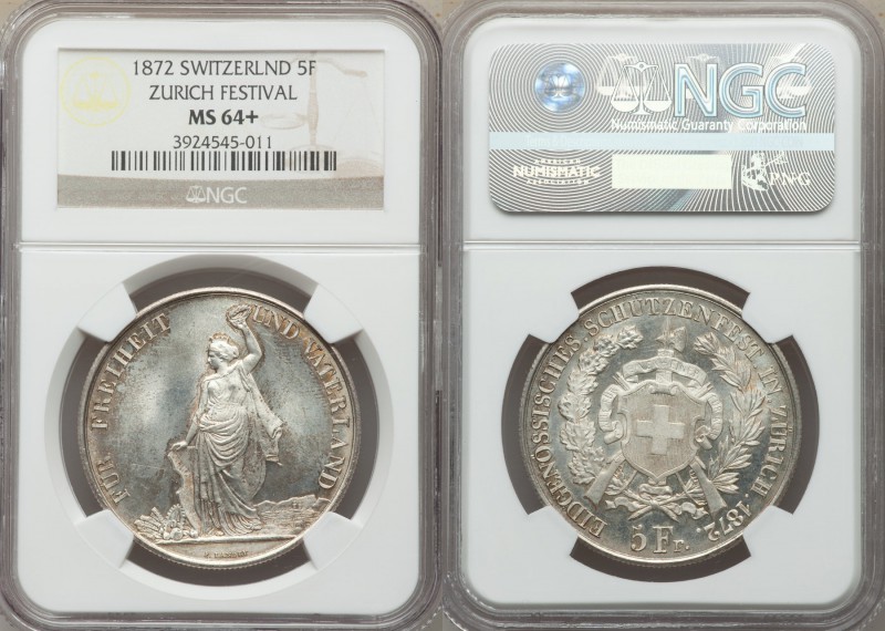 Confederation 5 Francs 1872 MS64+ NGC, KMX-S11, Häb-13. A gorgeous piece with ex...