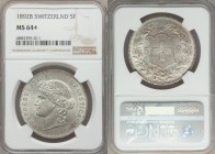 Confederation 5 Francs 1892-B MS64+ NGC, Bern mint, KM34, HMZ-21198e. Dressed in a regal silver patina, this example exhibits a superb level of preser...