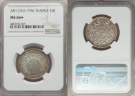 French Protectorate. Muhammed al-Amin Bey 10 Francs AH 1376 (1956) MS66+ NGC, Paris mint, Lec-354. A lofty premium gem with a pattern-like level of pr...