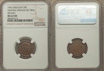 Republic Uniface Die Trial 20 Centesimos 1942-So MS62 Brown NGC, cf. KM29. Struck slightly off center. Deep brown surfaces with traces of mint red aro...