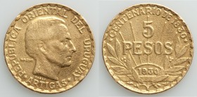 Republic gold Essai 5 Pesos 1930 VF (removed from jewelry), Paris mint, KM-E14. By Bazor. A scarce Essai, heavily cleaned with somewhat sweated surfac...