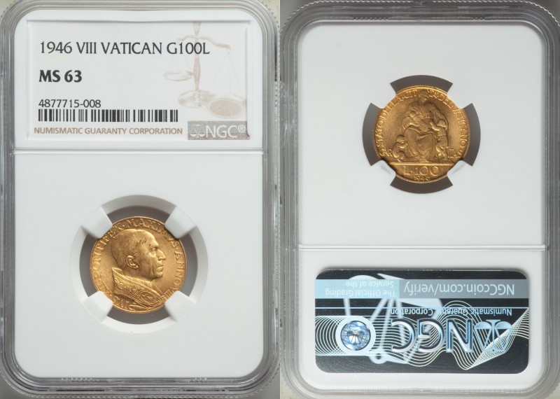 Pius XII gold 100 Lire Anno VIII (1946) MS63 NGC, KM39. Fully brilliant and quit...